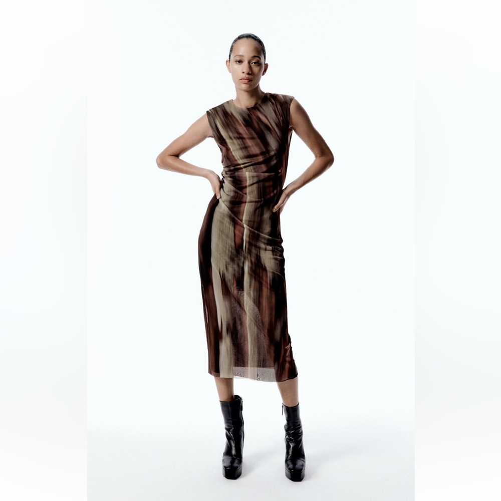 Zara printed tulle ruched dress